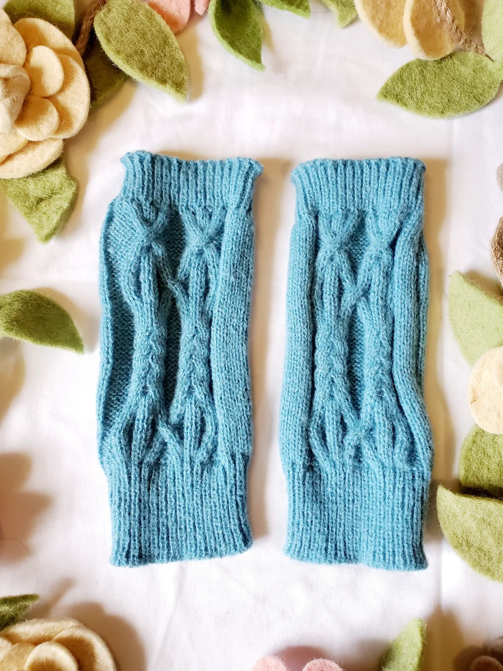Turquise  Cable Knit Fingerless Wool Gloves - Women